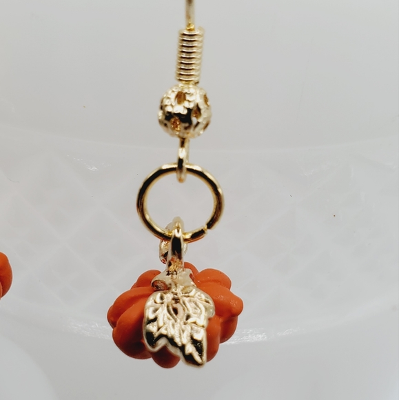 Orange pumpkin earrings 18k gold filigree handmade artisan fall Thanksgiving New - Picture 4 of 6